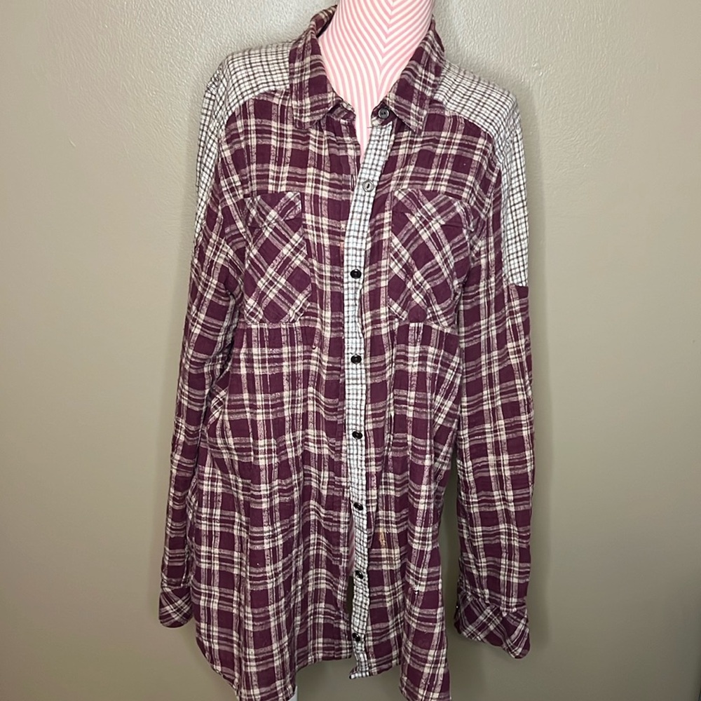 Free Prople Burgundy Grey Plaid flannel long sleeve button down - L